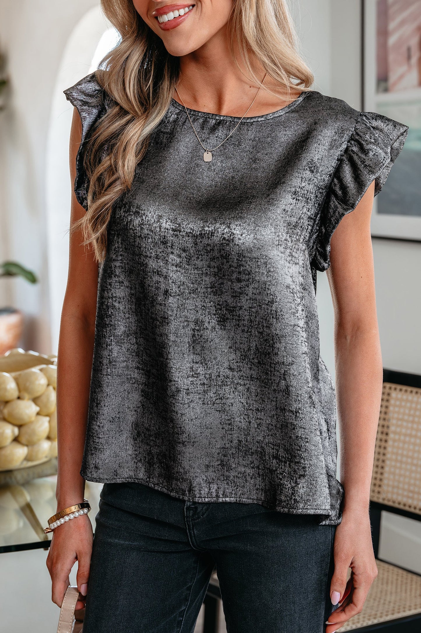 Gold Metallic Round Neck Ruffle Trim Sleeveless Top
