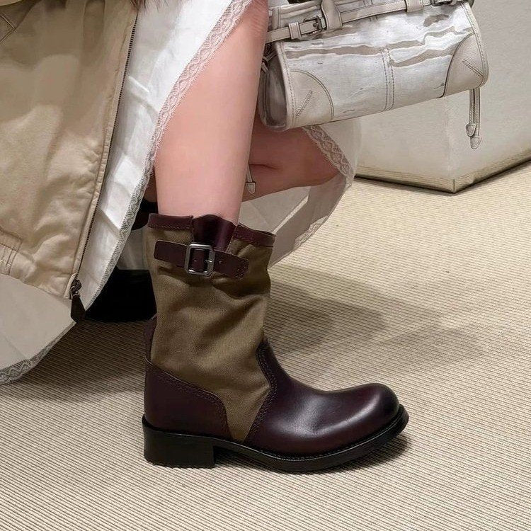 Pile Up Boots, Retro Martin Boots, Women's Genuine Leather Midsole Boots, Thick Heel, Thick Soled Knight Boots