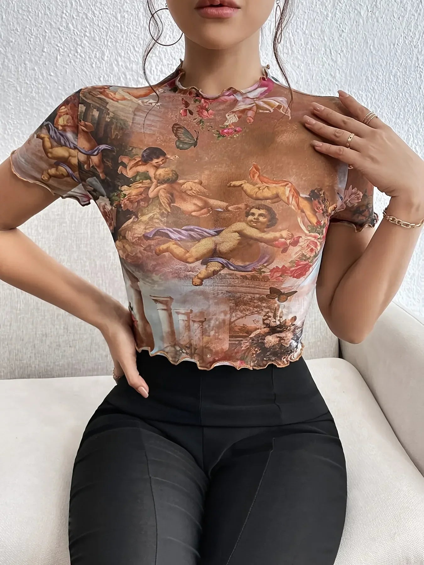 Abstract Print Ruffled Mock Neck Crop T-Shirt | Trendy Streetwear – Bona Fide Fashion