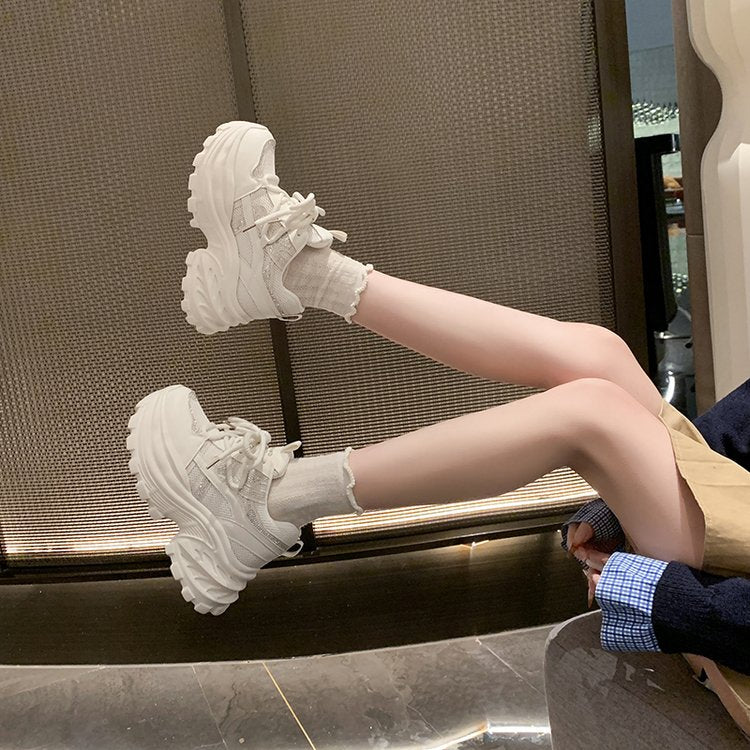 2026 New Arrival Platform Rhinestone Chunky Sneakers Women, Height Increasing 8.5cm Mesh Upper Breathable White Sneakers Versatile Casual Shoes