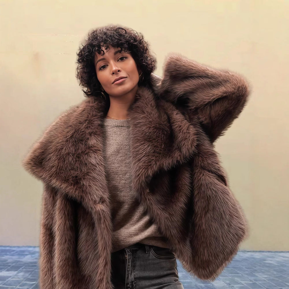 Women's Pure Color Versatile Faux Fur Collar Long Sleeve Coat Plus Size Outerwear