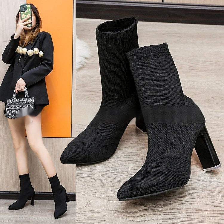 Botines de ante tejido con tacón grueso para mujer