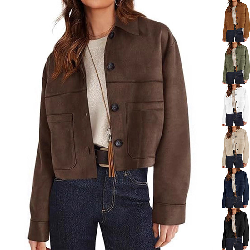 Women's Faux Suede Short Jacket Lightweight Casual Winter Autumn Outerwear Clothing