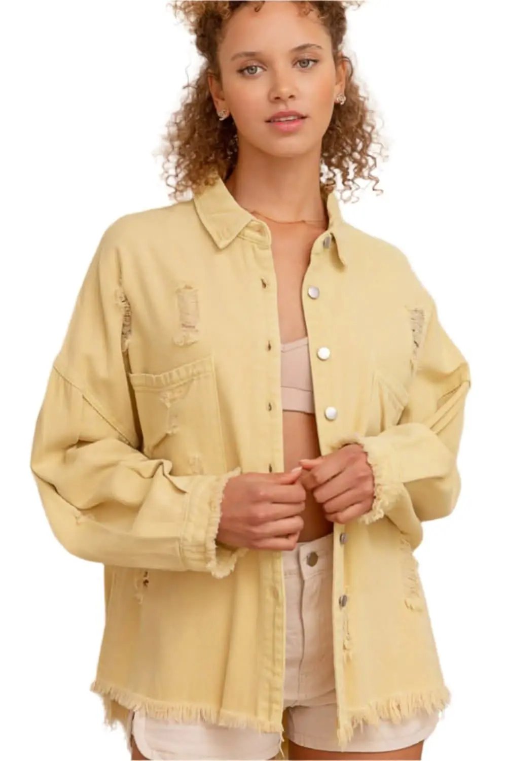 Jackets Trendsi Distressed Shacket Women's Casual Raw Hem Button Down Top USA Ship