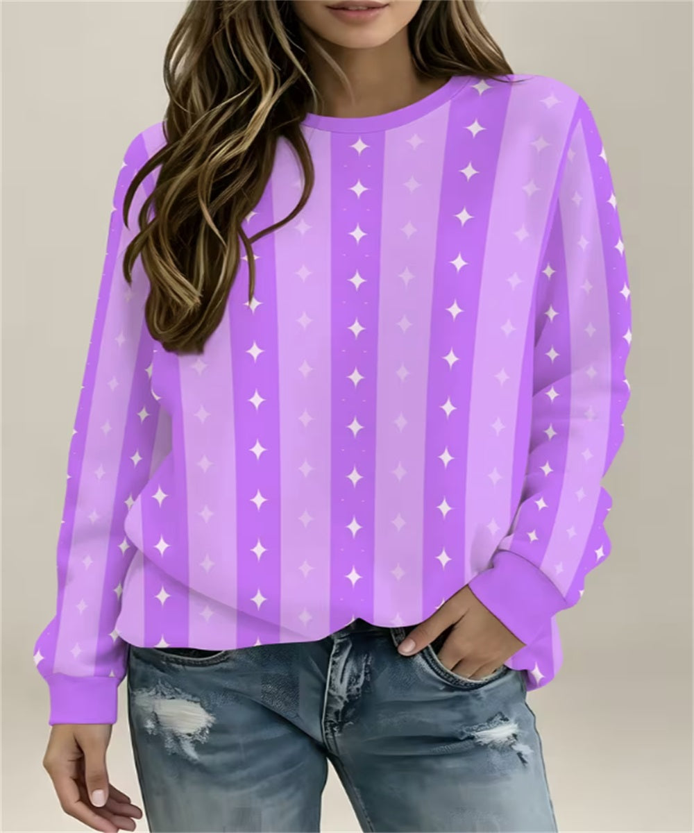 Women's Purple Mint Vertical Stripe & Star Print Crew Neck Sweatshirt, Long Sleeve Casual Pullover Top