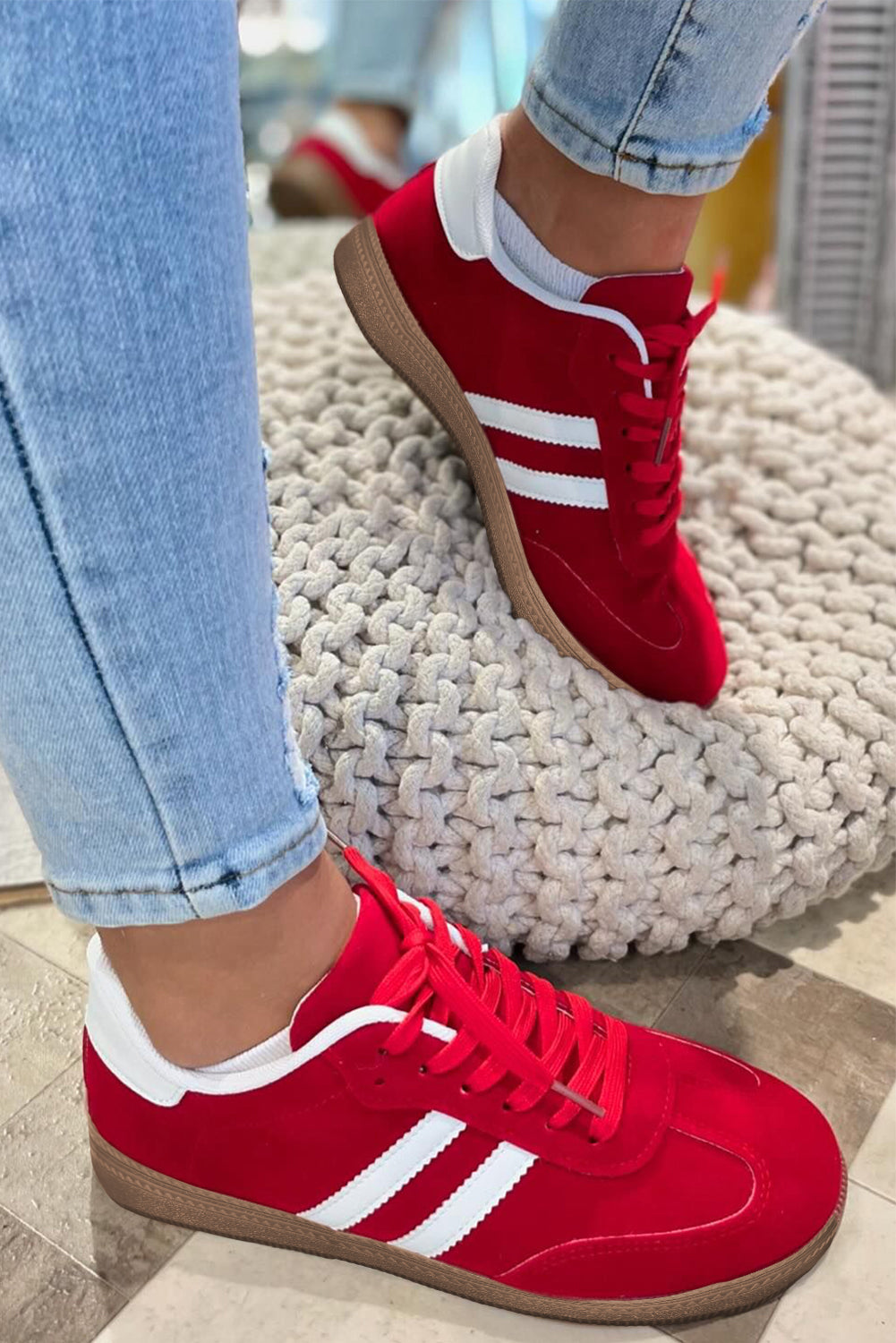 Zapatos planos con cordones de retazos a rayas vintage rojo fuego