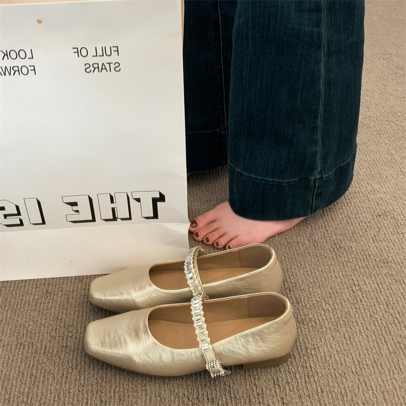 Women Minimalist Elegant Metallic Leather Flats, Square Toe Single Crystal Rhinestone Strap Slip On Lightweight Flat Casual Office Commuting Dress Shoes