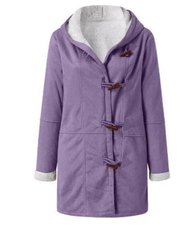 Winter Vintage Button Jackets Women's Warm Fleece Hooded Coat Casual Mid-Length Trench Top Outwear Clothing