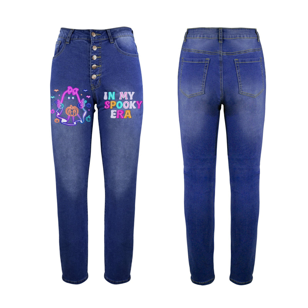 Women's Retro Halloween Neon Decorated Jeans with Front Printing