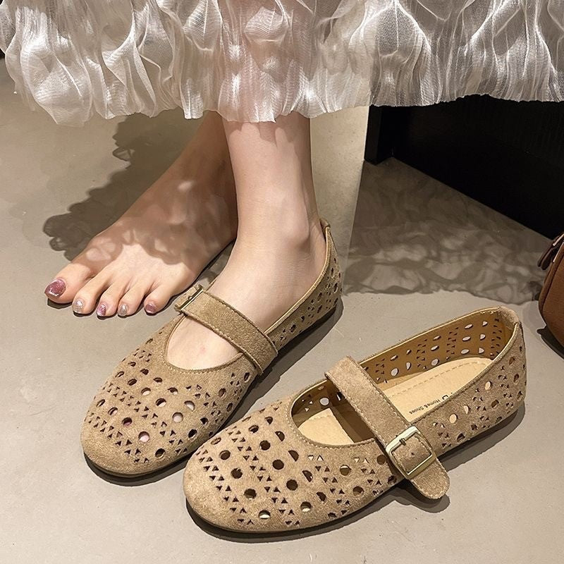 Women French Vintage Cutout Perforated Flats, Round Toe Full Carved Matte Suede Lightweight Summer Vacation Casual Walking Ballet Shoes