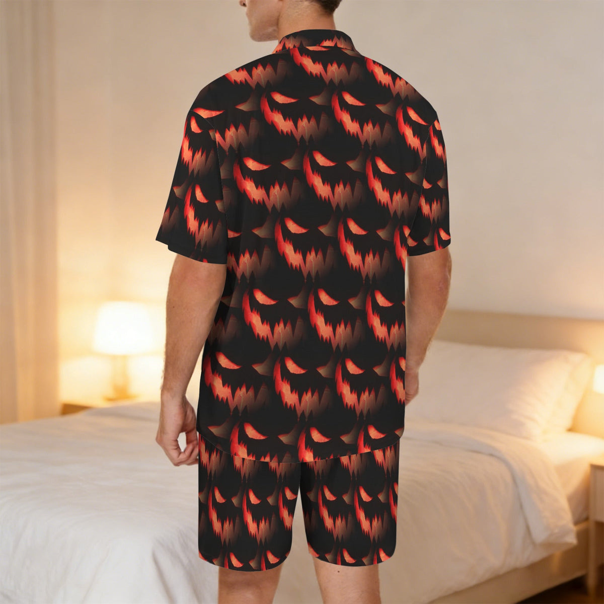 Orange Spooky Face Pattern Men's V-Neck Short Pajama Set