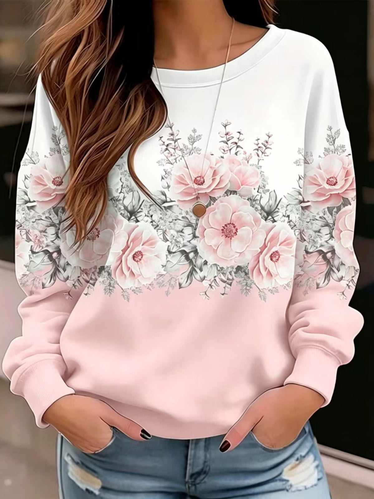 Women's Round-neck Floral Print Sweatshirt, Loose Fit, Dropped Shoulders, Long Sleeves, Casual Pullover Top, Patchwork Design With Contrasting Colors