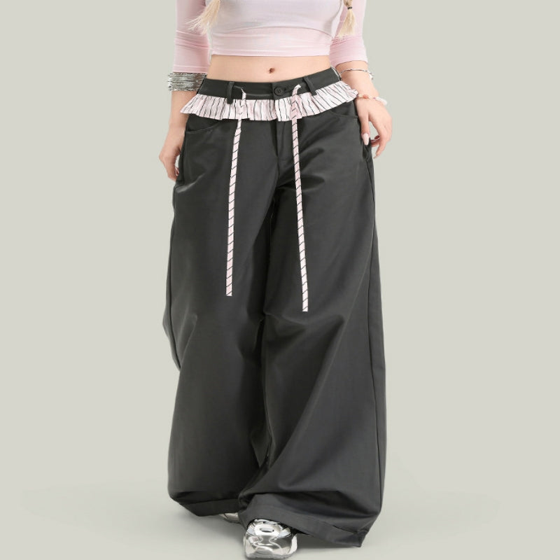 Pantalones casuales de mujer vintage con paneles de encaje