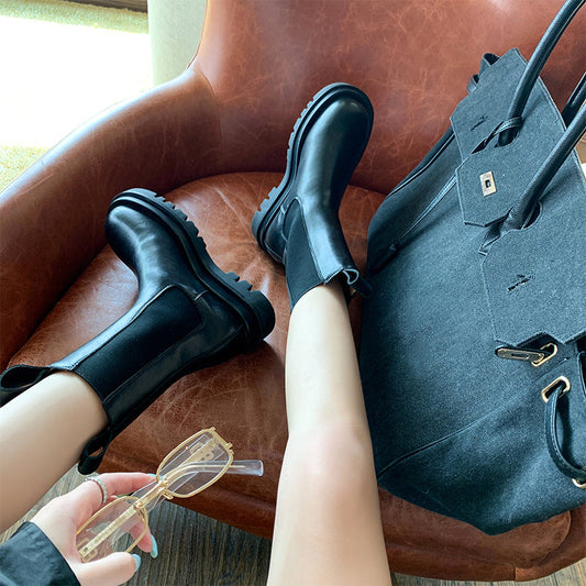 Botas de piel de caña media con suela gruesa de estilo británico para mujer