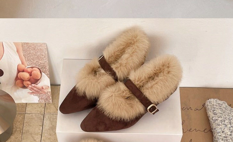 Pointed Toe Furry Shoes Women, Retro Elegant Suede Wedge Flats, One-Strap Buckle Fleece-Lined Mary Jane Shoes