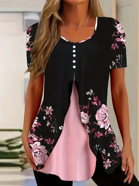 Camiseta de verano de manga corta estampada, tipo dos piezas, cuello en V, moderna con picos