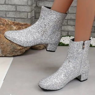 Women's Sequin Chunky Heel Side Zipper Boots