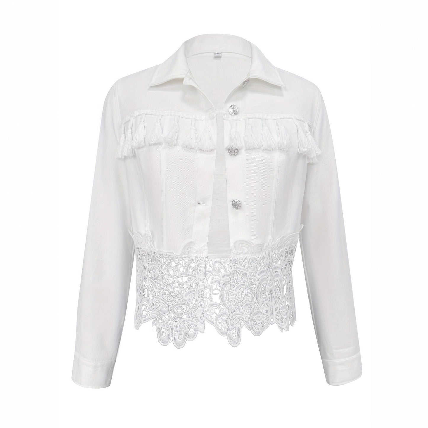 Womens Lapel Hem Hollow-Out Patchwork Tassel Coat
