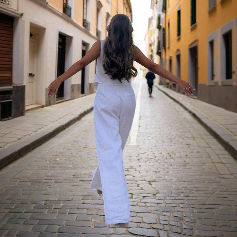 Conjunto de chaleco con botones y cuello en V y pantalón de talle alto para mujer