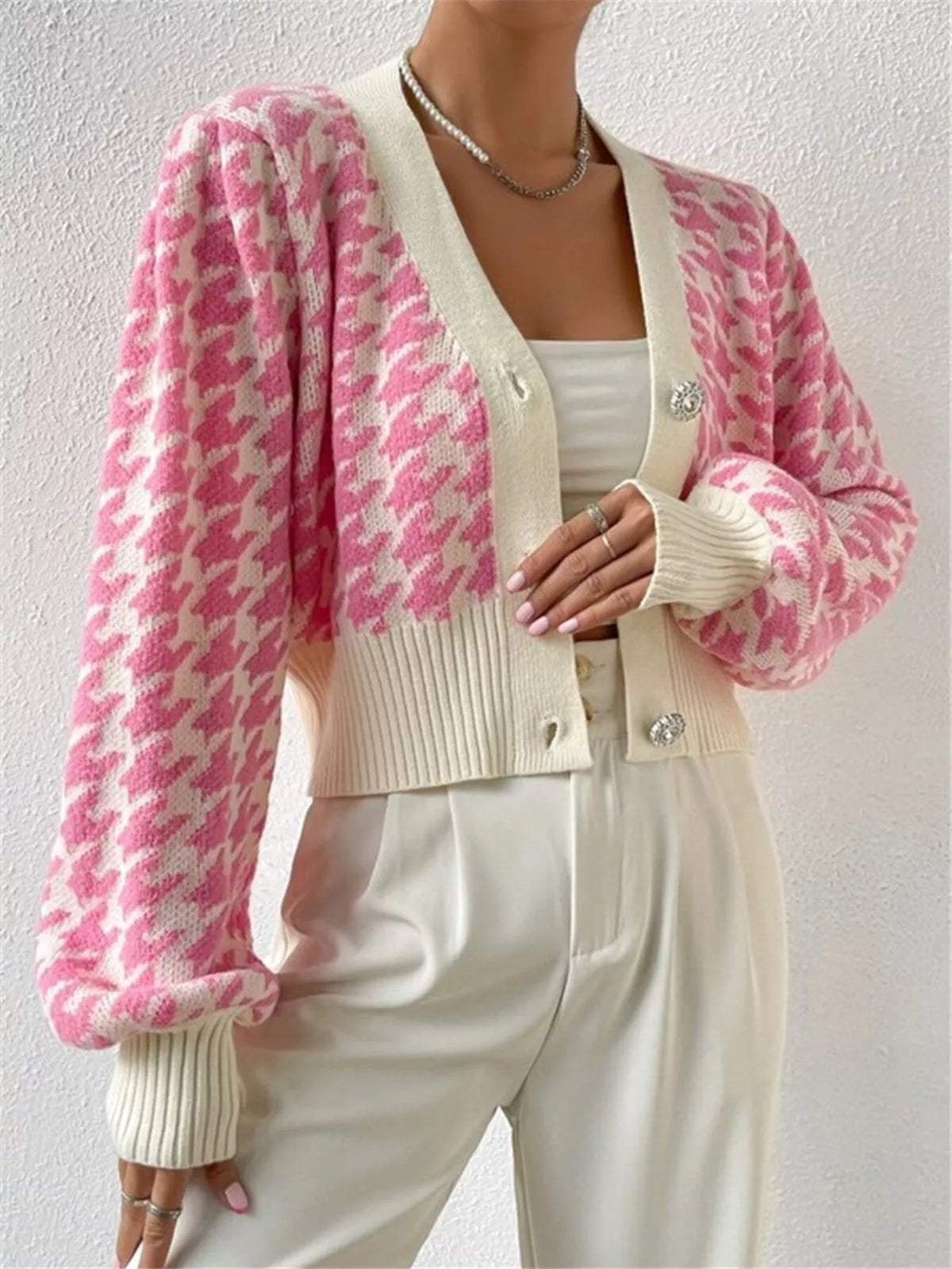 Houndstooth V-Neck Button Up Cardigan
