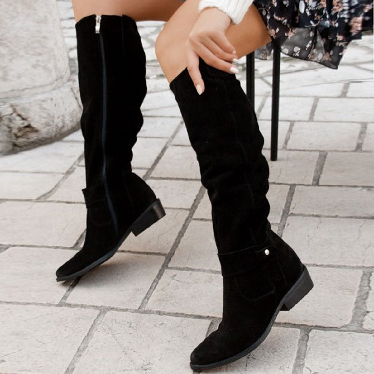 Women's Low-Heel Side Zipper Suede High Boots