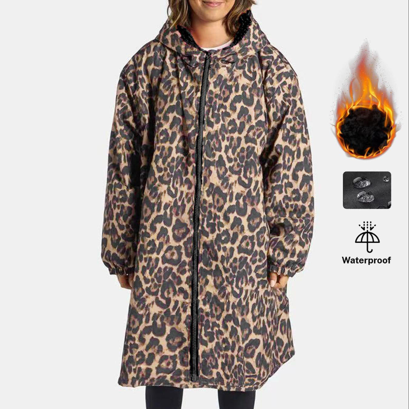 Fleece-lined Hooded Zip-up Leopard-print Coattrench Coat