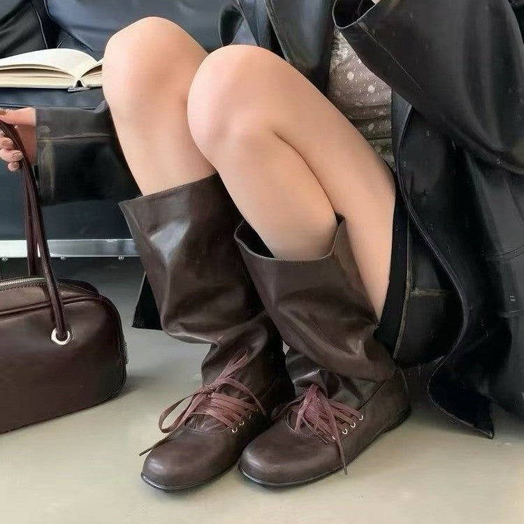 Women Retro Slouch Stack Style Knee High Boots, Soft Wrinkle Leather Round Toe Flat Heel Front Lace Up Casual Street Wear Long Booties