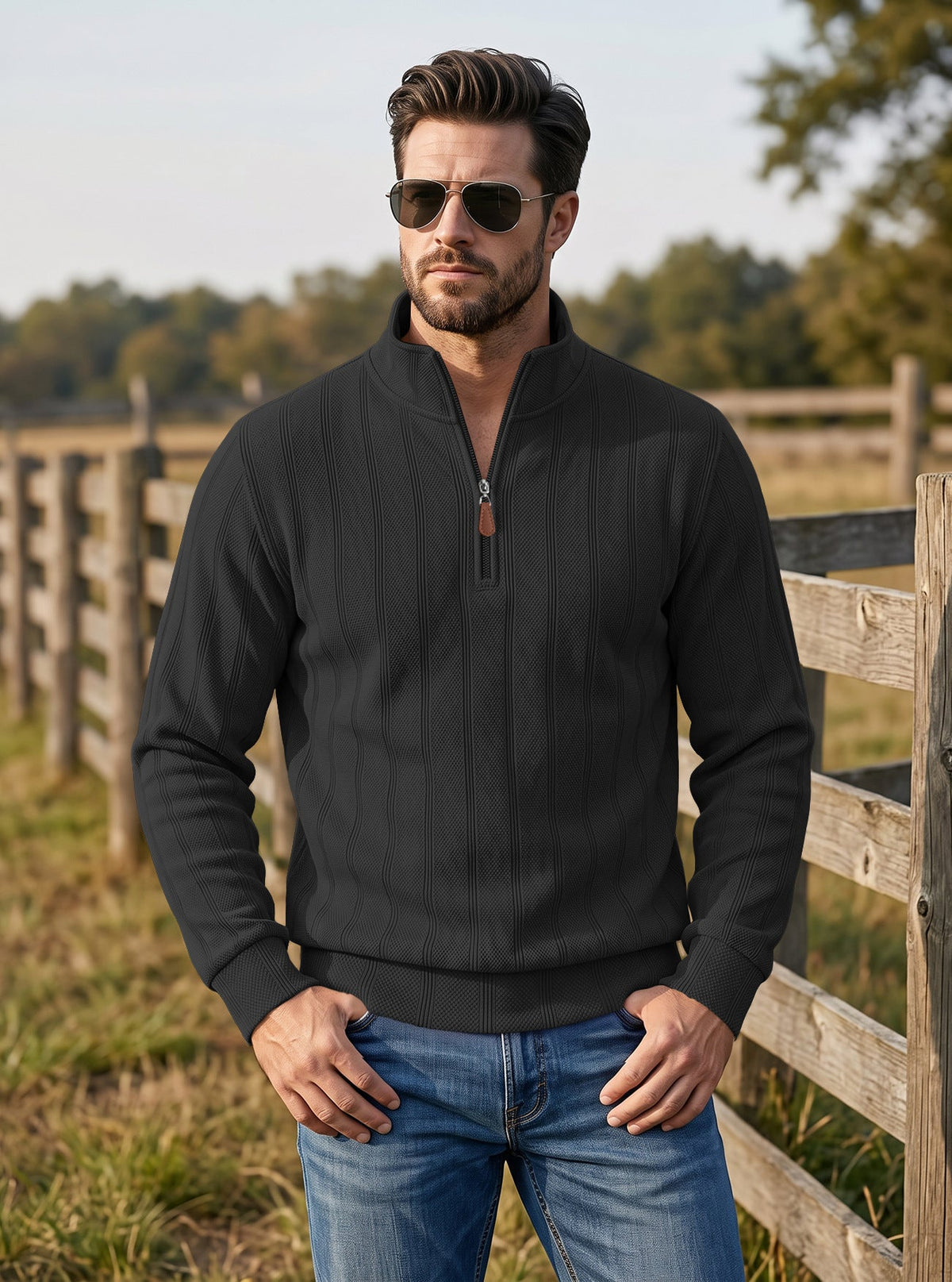 Cross-border TK Men's Vertical Stripe Waffle Half-Zip Stand Collar Long Sleeve Top, Solid Color Casual Pullover American Sweatshirt