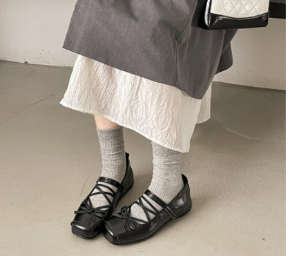 New French Bow Shallow Mouth Platform Flats For Women, Spring Ballet Hidden Heel Polka Dot Mary Jane Shoes For Dresses, Authentic Genuine