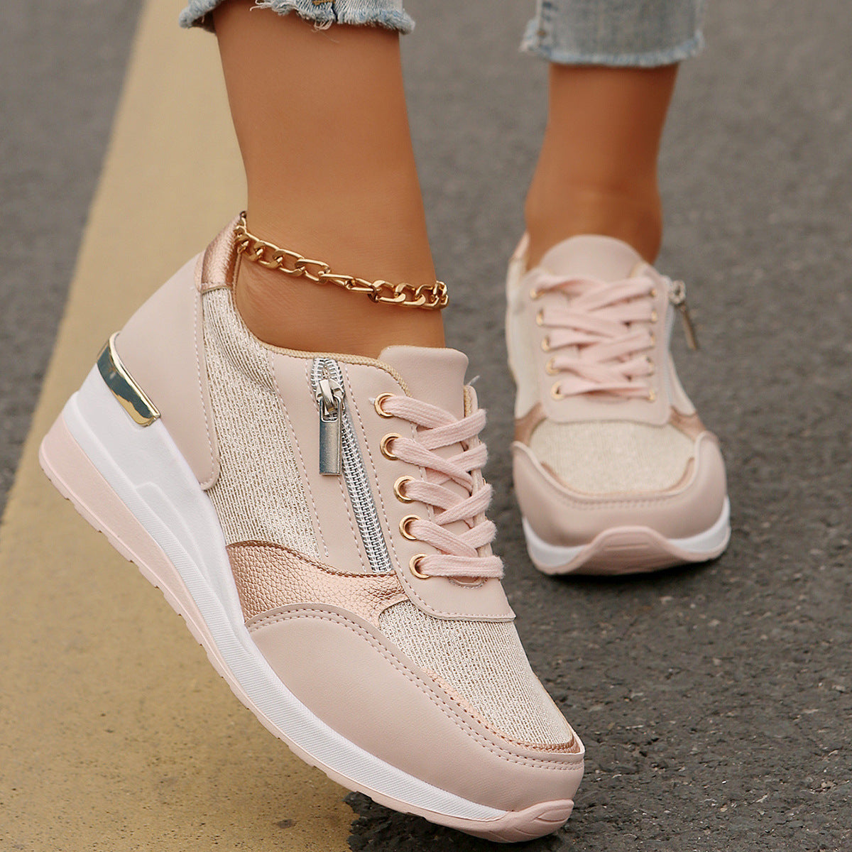 Women's Lace-up Side Zip Design Thick-soled Casual Shoes Sneakers