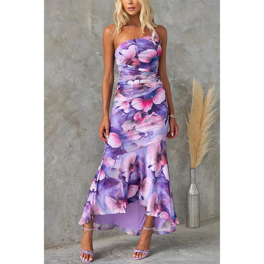 Vestido estampado floral de un solo hombro para verano, estilo INS, casual, con tirantes, vestidos largos de mujer