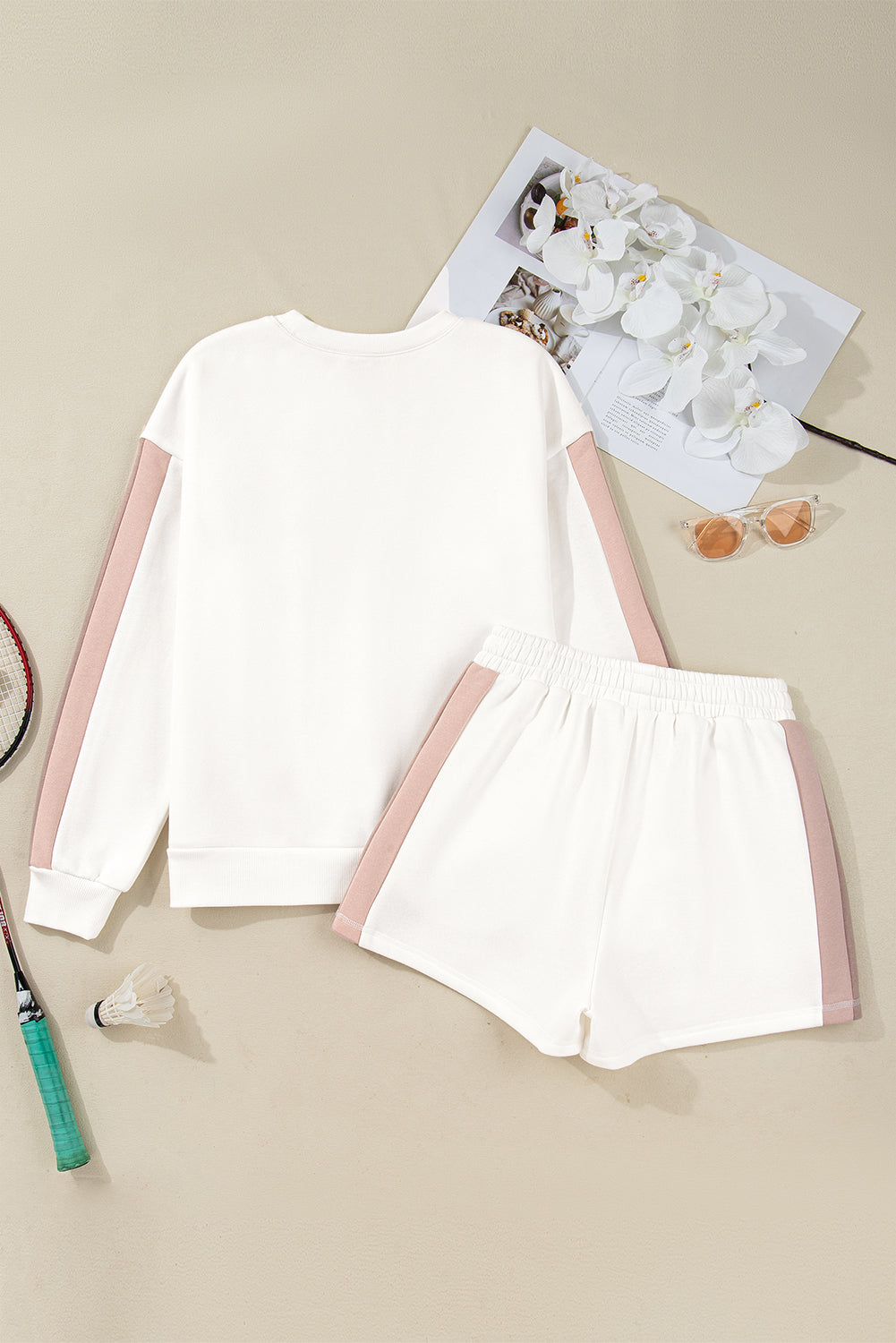 Conjunto de 2 piezas de shorts casuales con jersey y hombro caído, patchwork en bloque de color blanco