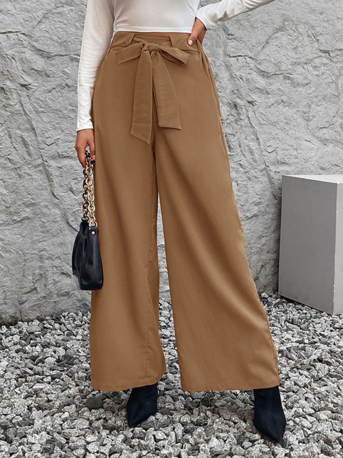 Pantalón de pierna ancha de cintura alta anudado Perfee