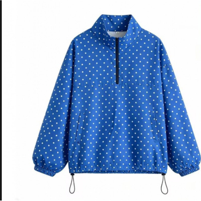 Fashionable Polka-dot Half-zip Loose-fit Hoodie Jacket