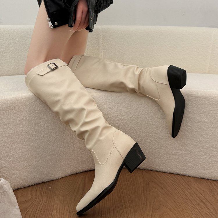 Sharp Pointed Long Tube Women's Boots Pile Up Boots, Black, Slim, Tall, Thick Heeled Knight Boots