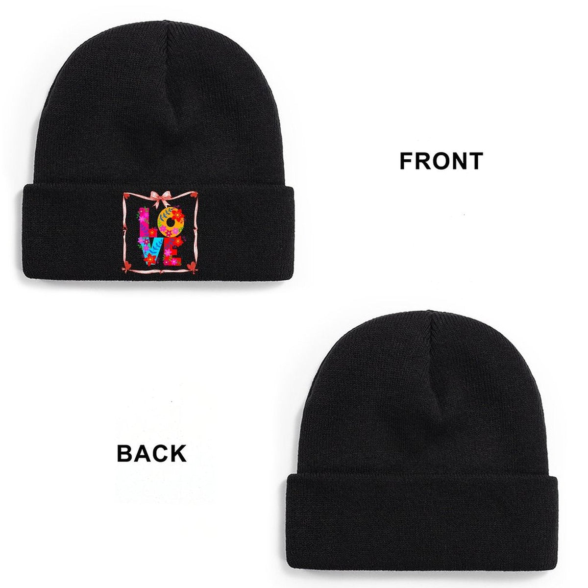 Floral LOVE Faux Knit Warm Winter Beanie Hat (Made in USA)