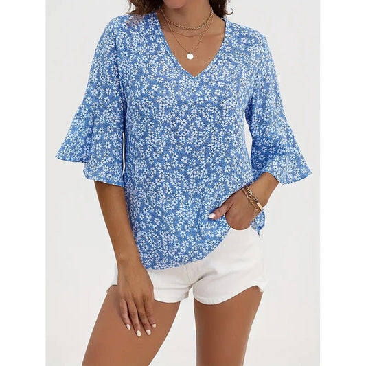 Blusas de verano con estampado floral y cuello en V para mujer con manga acampanada