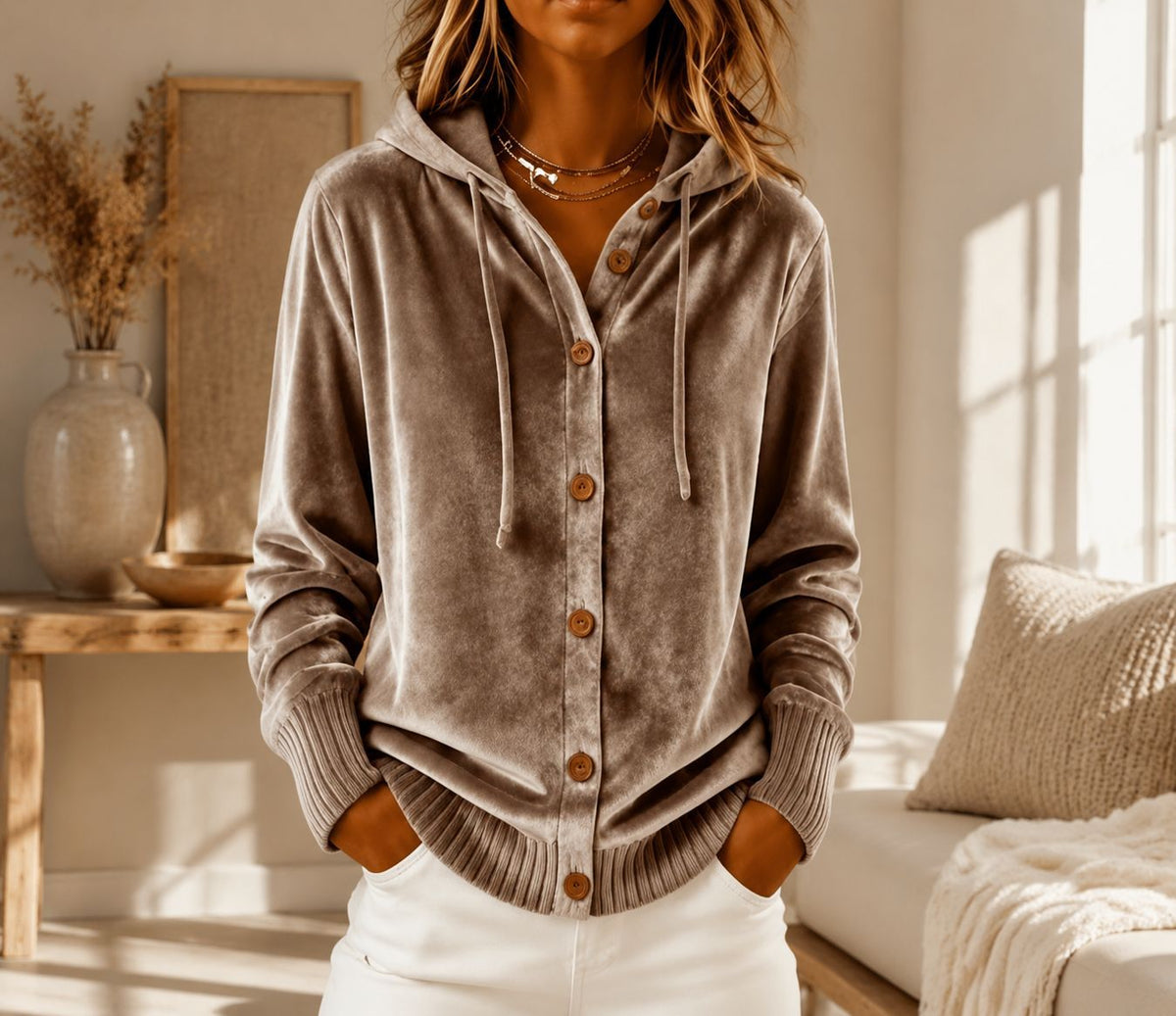 Buttoned Velvet Hooded Cardigan Solid-Color Coat For Women