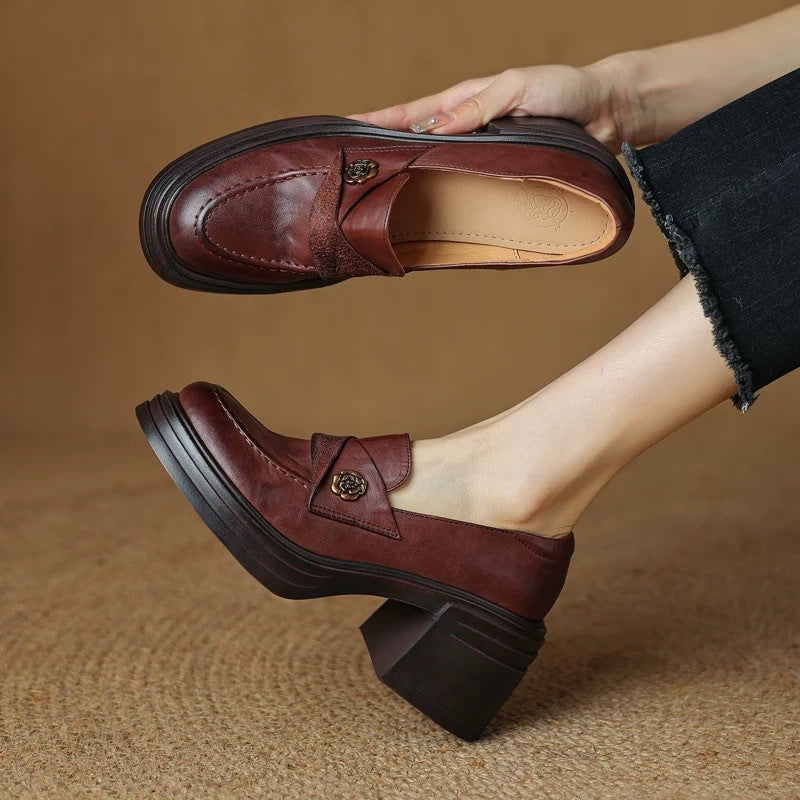 Zapatos de tacón grueso de cuero vintage para mujer – Estilo retro