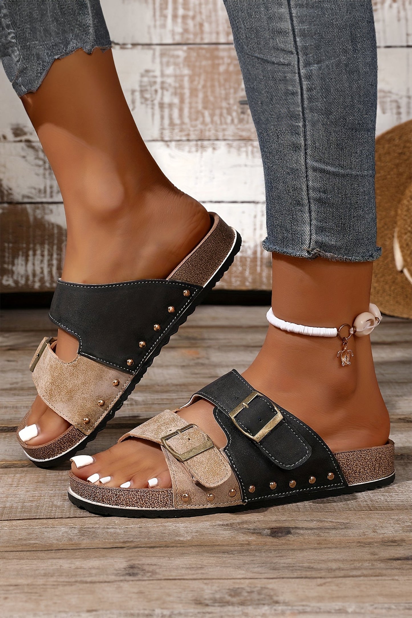 Coffee Two-tone Retro Buckle Straps Hollowed Faux Suede Slippers