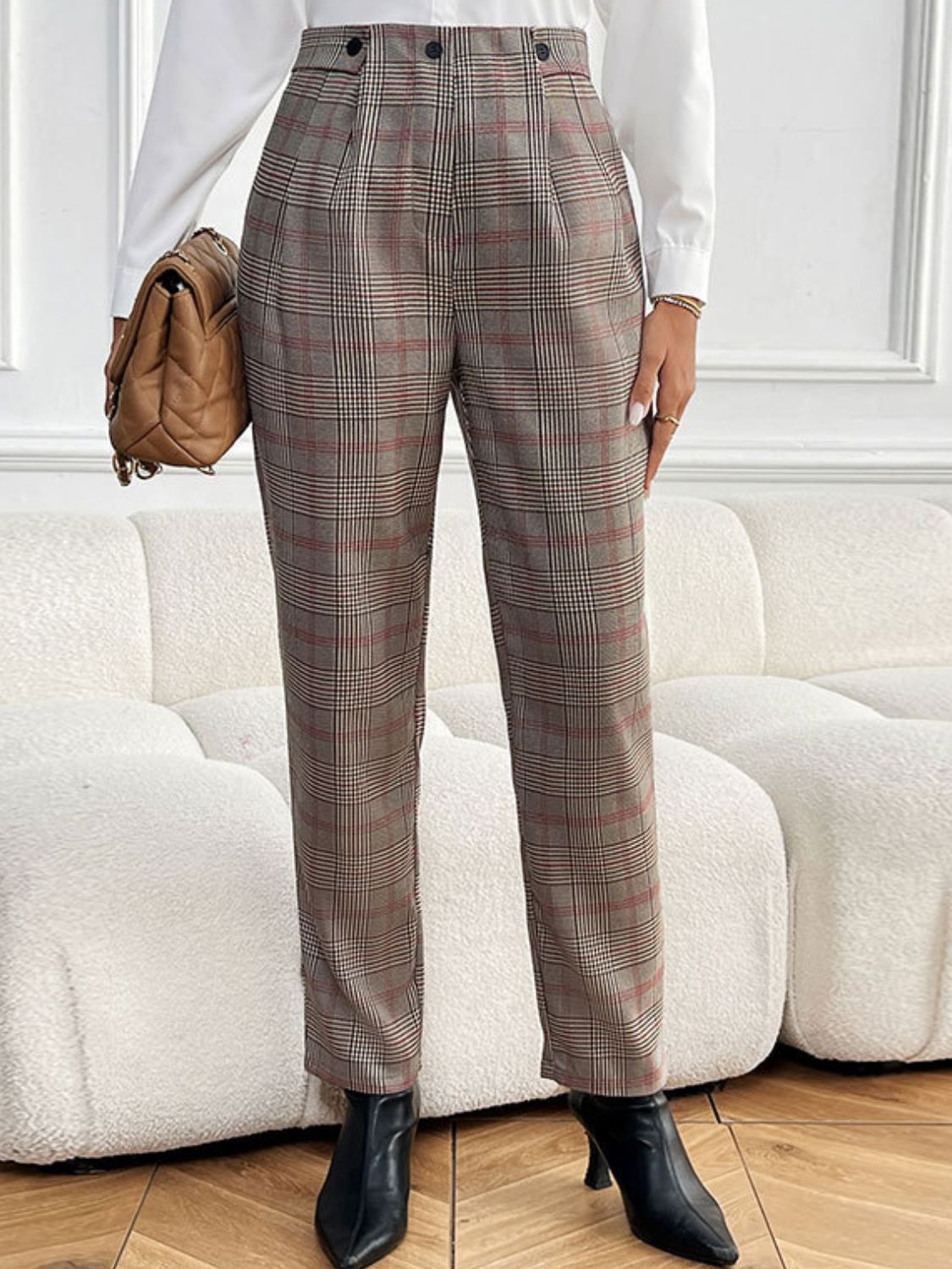 Pantalones Rectos Perfee de Cuadros con Bolsillos