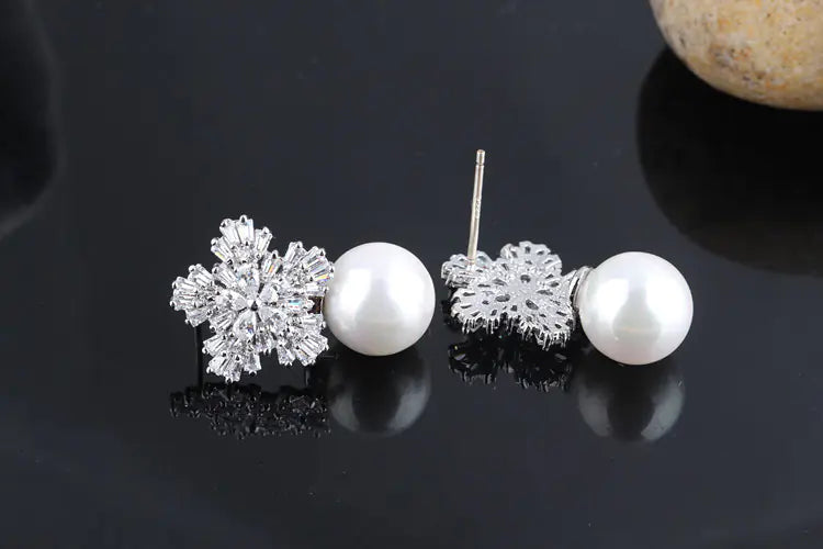 Conjunto de collar de lujo de copo de nieve con perlas y circonitas, en plata 925