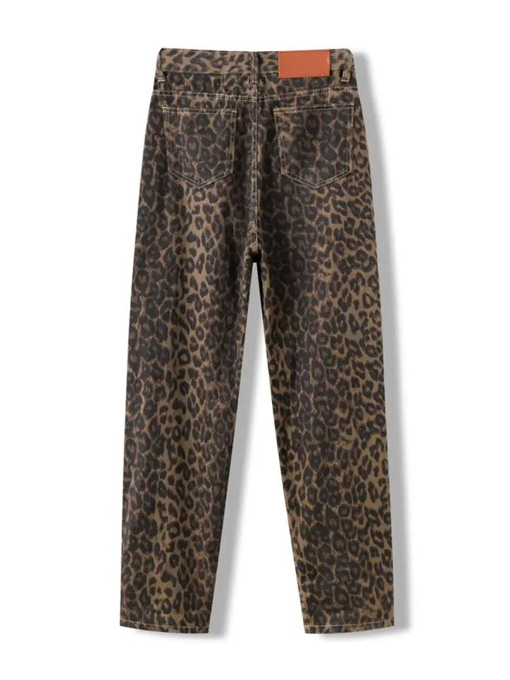 Vintage Leopard Print Jeans Straight Loose Men And Women
