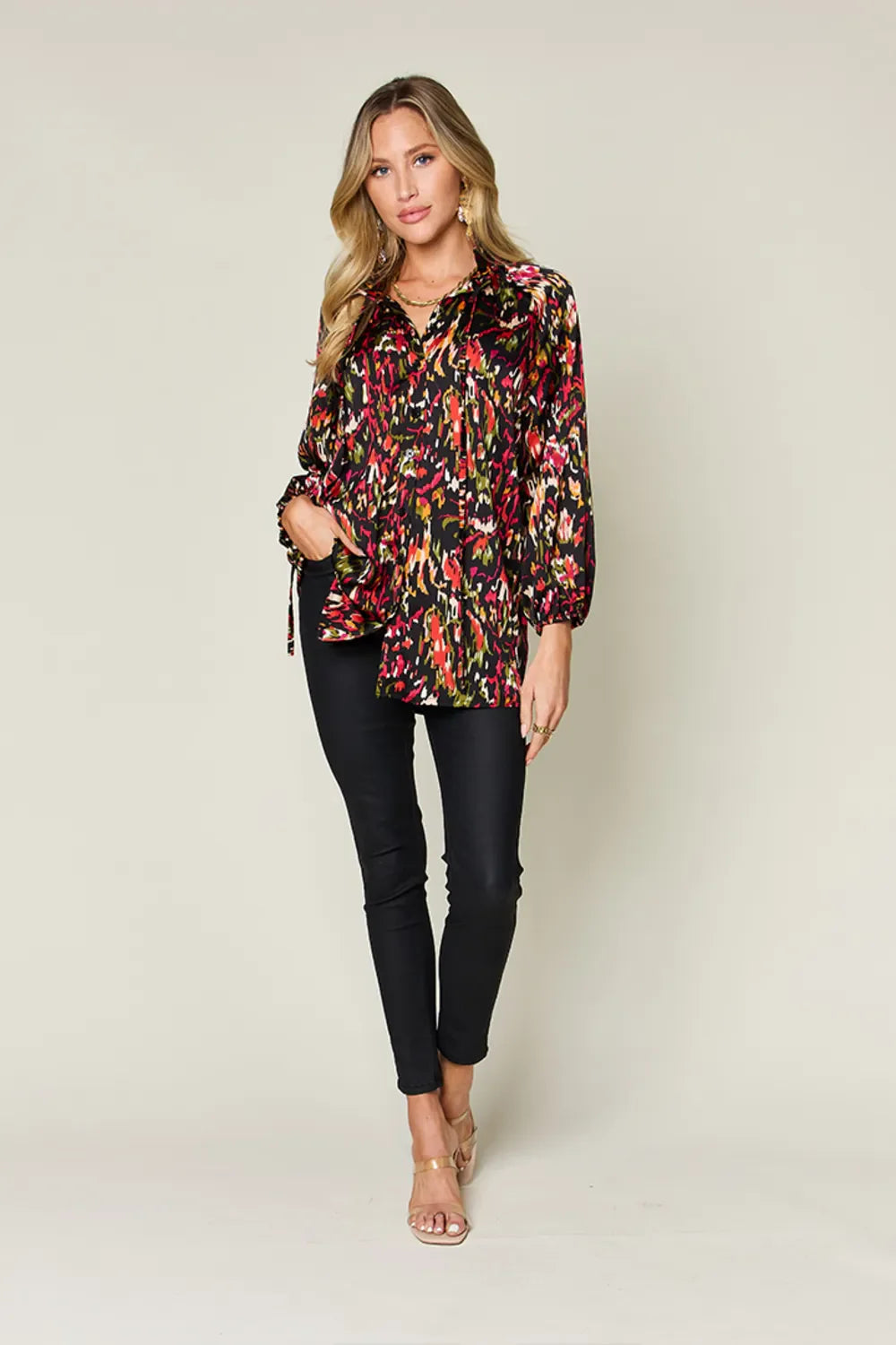 Camisa abotonada de manga larga estampada Full Size Double Take