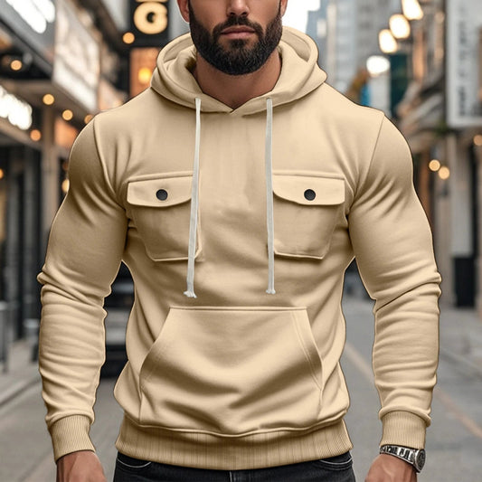Sudadera con capucha de hombre de manga larga de color liso con múltiples bolsillos