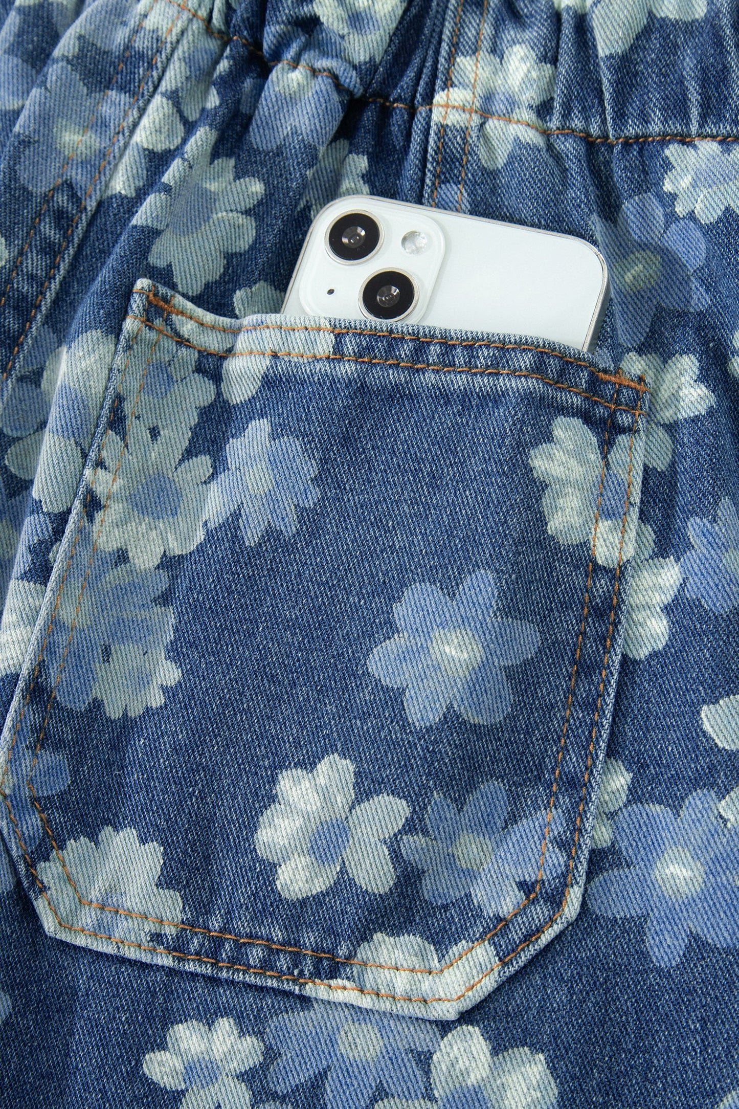 Sky Blue Dainty Floral Printed Drawstring Barrel Jeans