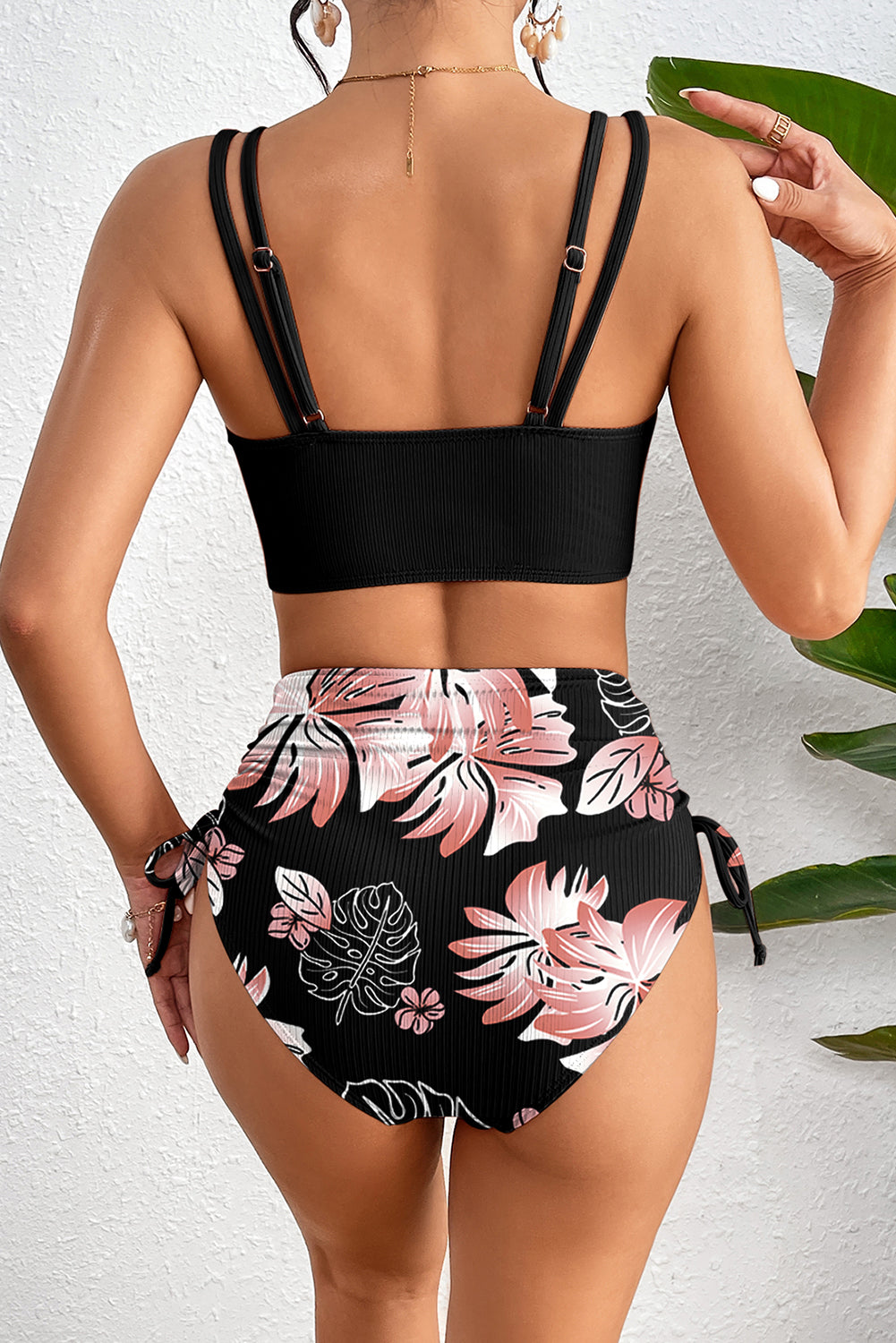 Traje de baño de bikini de 2 piezas de punto acanalado negro de cintura alta