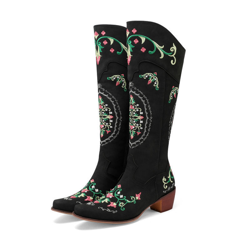 Women's Chunky-Heel Retro Embroidered Side-Zip Mid-Calf Boots