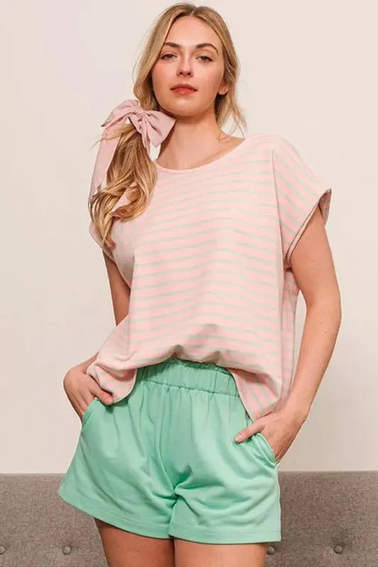 Women's T-Shirt Women's Tee - Muscle Sleeve - Striped Lime Chili