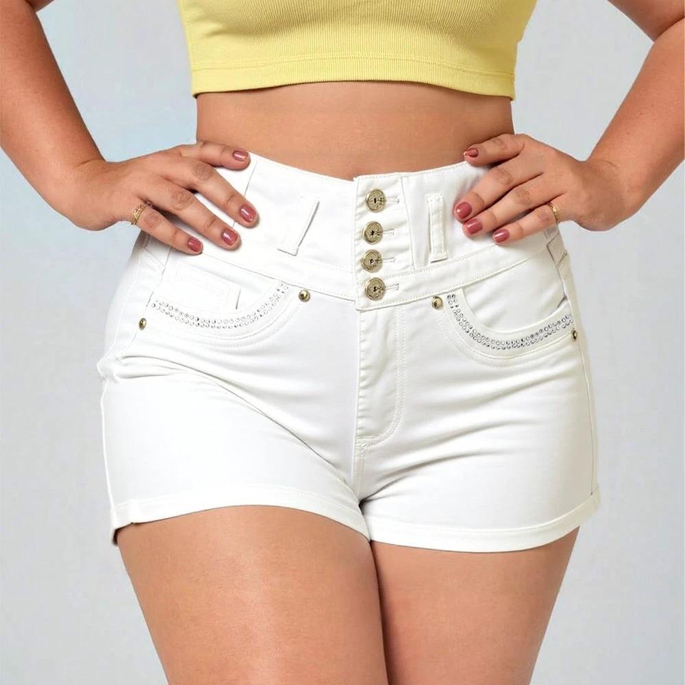 White High Waist Button Shorts Slim Fit Stretch Denim Bling Pocket Hot Girl Summer Look Club Chic Curve Flattering Pants For Women Forbidden Platform - Temu